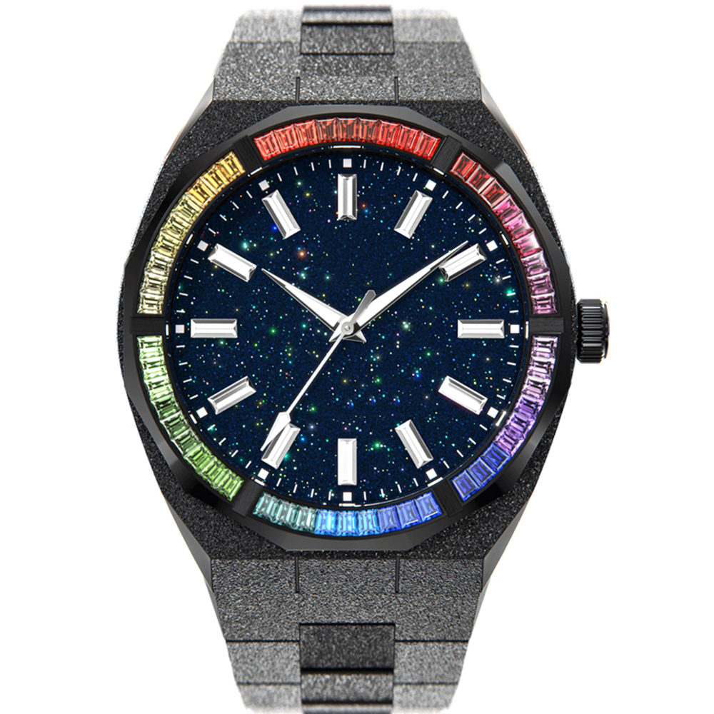 Watch factory custom diamond-encrusted stainless steel watch with gold steel sand waterproof men's watch